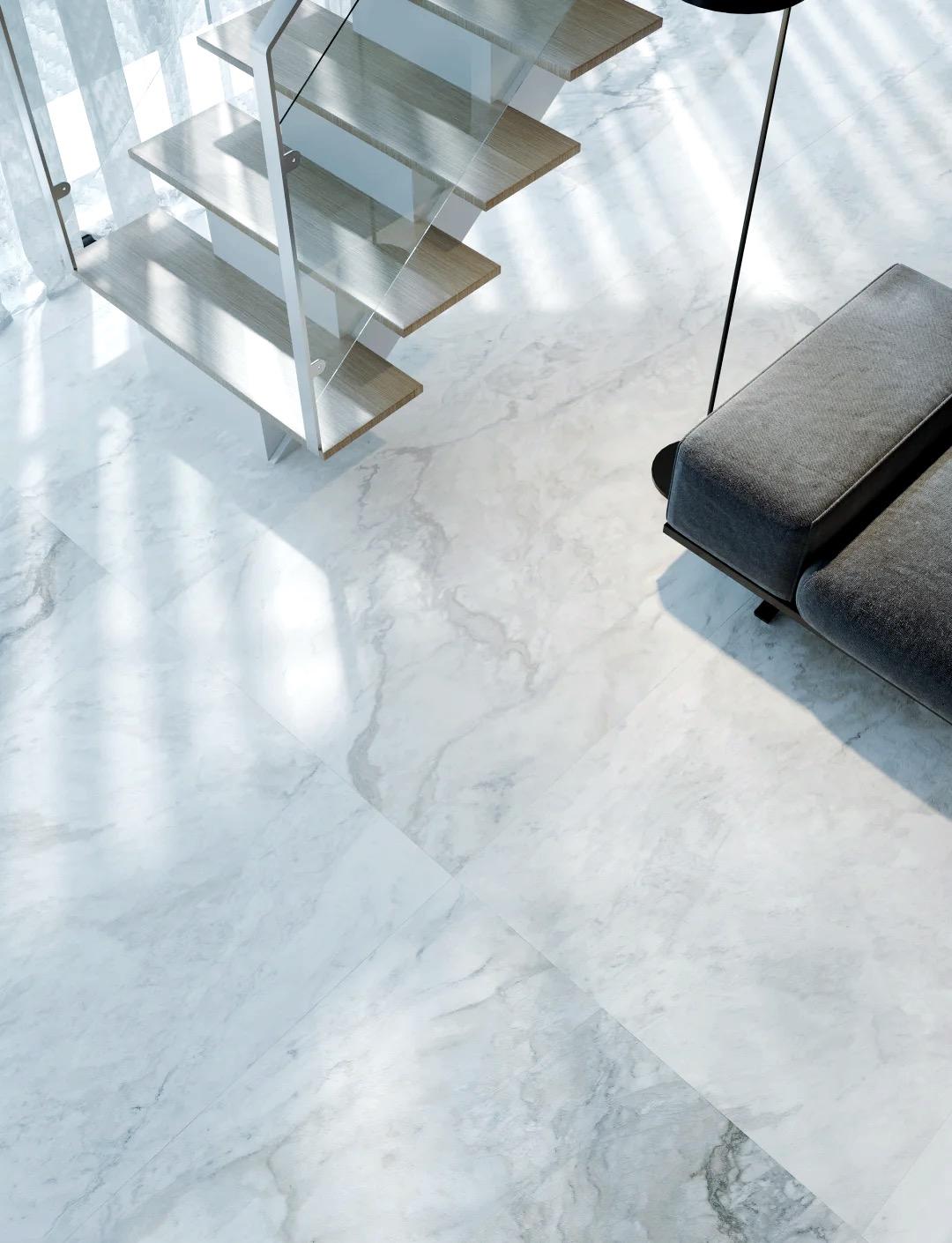 Floating timber staircase on marble tiles
